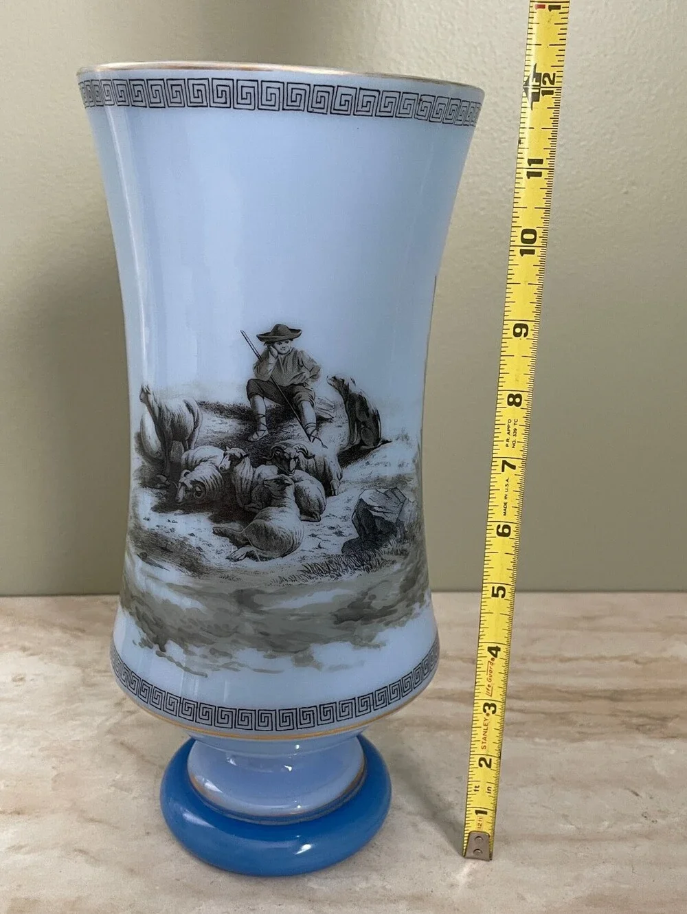 Vintage Blue Scenic Countryside Pedestal Vase | Traditional English Style